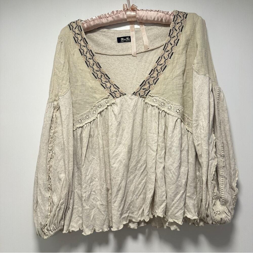Miss Me Linen Babydoll Lace Embroidered V-Neck Top Flowy Coastal Cowgirl - Picture 2 of 9